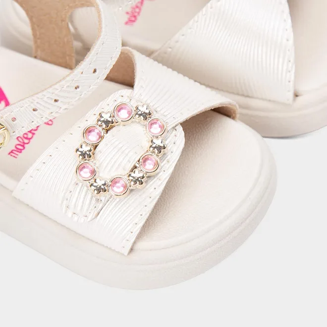 Sandália Bebê Molekinha Detalhe Fivela Pedraria Flor Off White