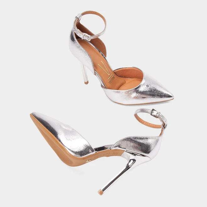 Scarpin Feminino Vizzano Salto Fino Alto Metalizado Prata