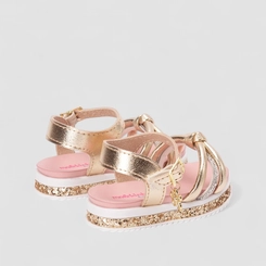 Sandália Bebê Molekinha Glitter Tira Strass & Nó Detalhe Pingente Ouro