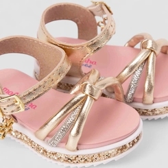 Sandália Bebê Molekinha Glitter Tira Strass & Nó Detalhe Pingente Ouro