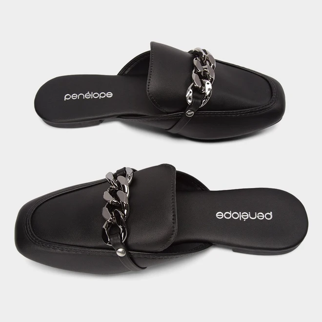 Mule Feminino Penélope Detalhe Corrente Preto
