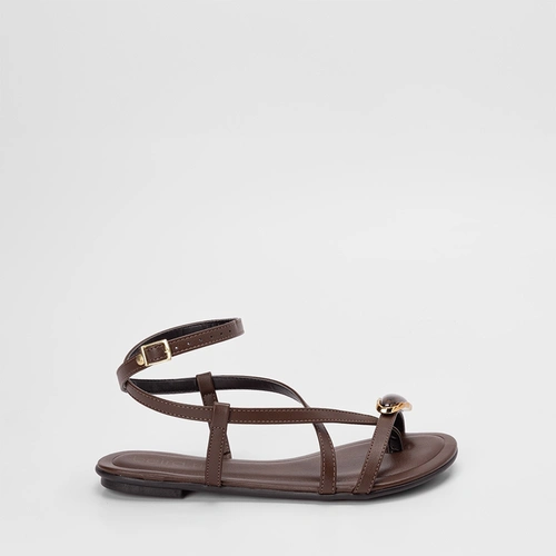 Sandália Rasteira Feminina Beira Rio Multitiras Detalhe Pedraria Marrom