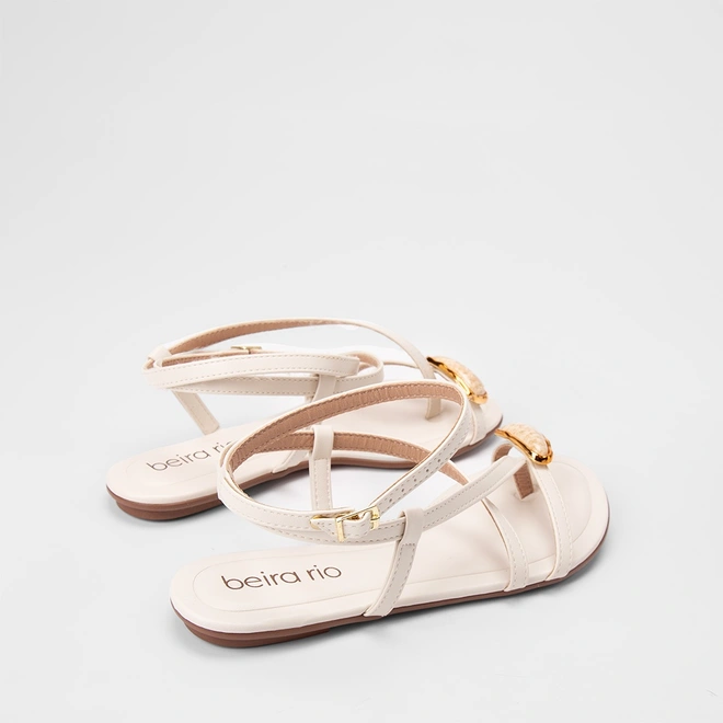 Sandália Rasteira Feminina Beira Rio Tiras Cruzadas Detalhe Pedraria Off White