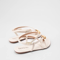 Sandália Rasteira Feminina Beira Rio Tiras Cruzadas Detalhe Pedraria Off White