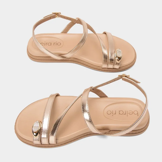 Sandália Feminina Beira Rio Detalhe Bold & Strass Metalizado Ouro