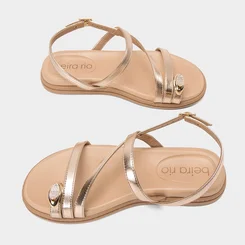Sandália Feminina Beira Rio Detalhe Bold & Strass Metalizado Ouro