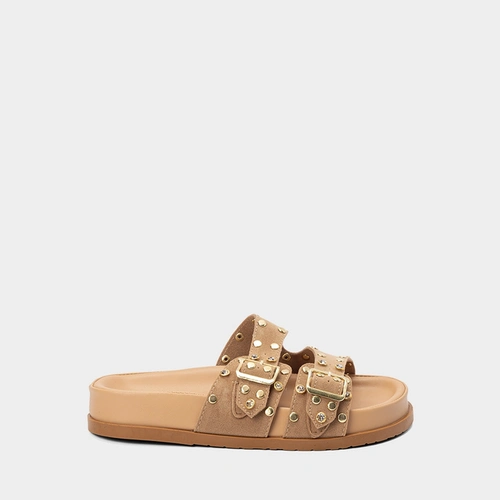 Papete Feminino Gabriela Camurça Tachas & Pedraria Bege