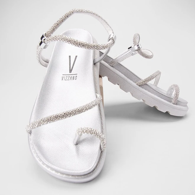 Sandália Papete Feminina Vizzano Original Tiras Strass Metalizado Prata