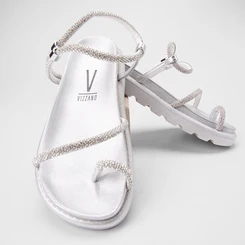 Sandália Papete Feminina Vizzano Original Tiras Strass Metalizado Prata