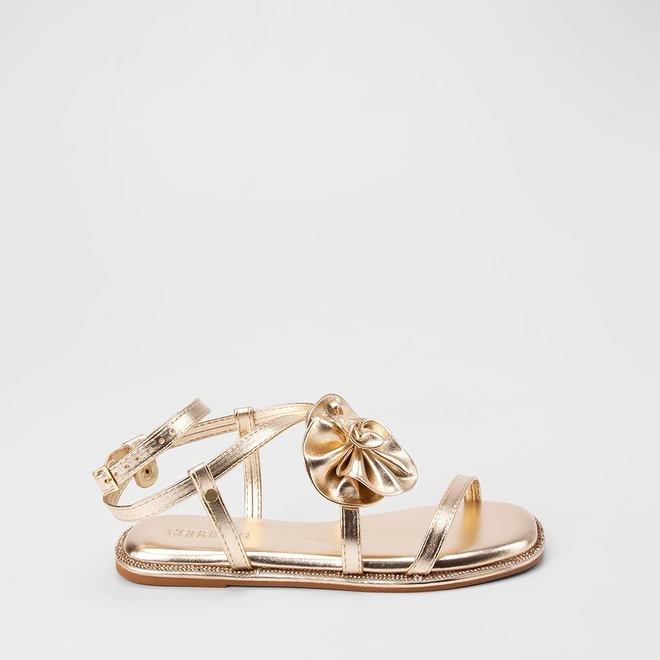 Sandália Rasteira Gabriela Enfeite Flor & Strass Metalizado Ouro