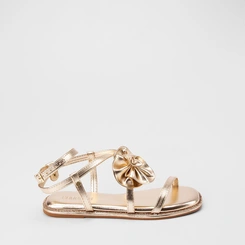Sandália Rasteira Gabriela Enfeite Flor & Strass Metalizado Ouro