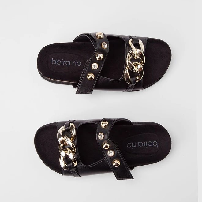 Papete Feminina Beira Rio Detalhe Corrente Tachas Preto