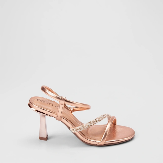 Sandália Feminina Beira Rio Tira Em Strass & Pérola Metalizado Rose Gold