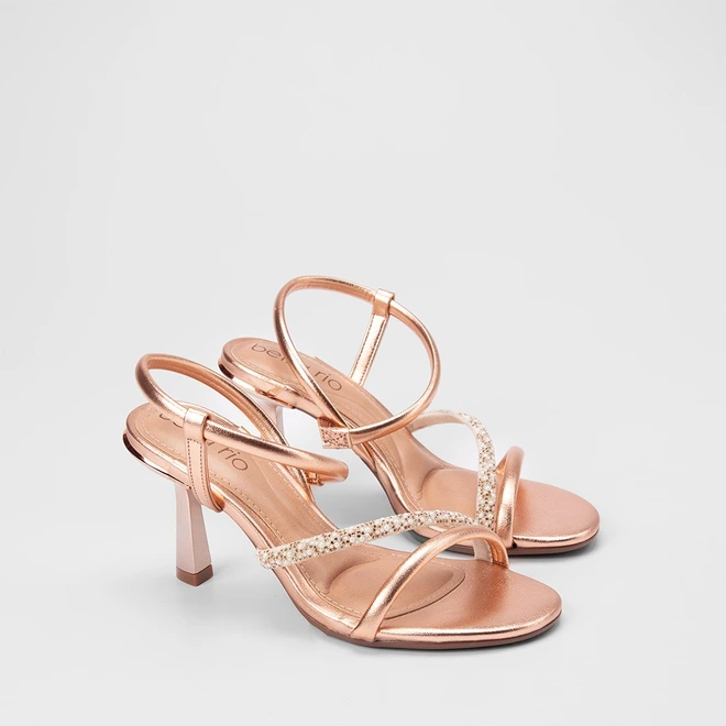 Sandália Feminina Beira Rio Tira Em Strass & Pérola Metalizado Rose Gold