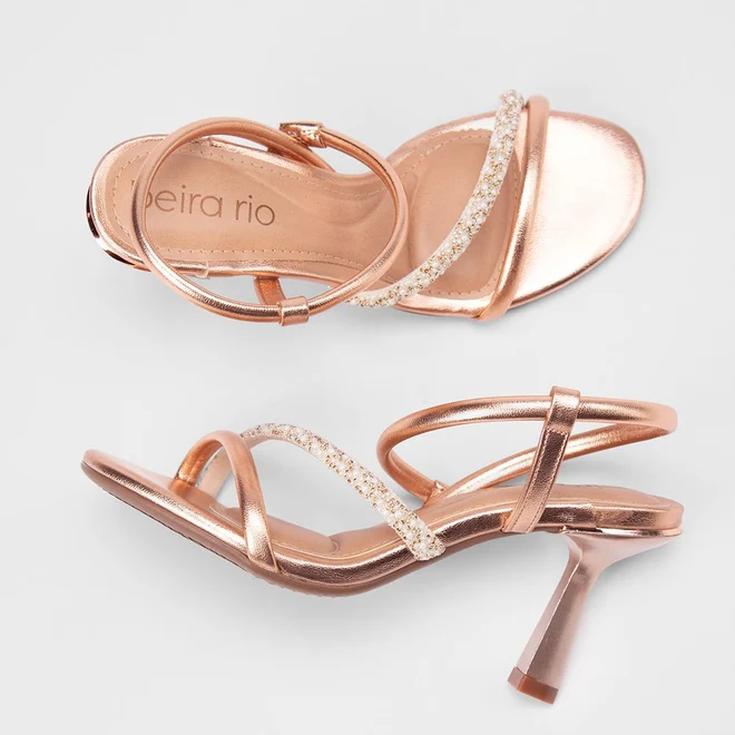 Sandália Feminina Beira Rio Tira Em Strass & Pérola Metalizado Rose Gold