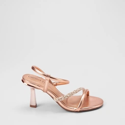 Sandália Feminina Beira Rio Tira Em Strass & Pérola Metalizado Rose Gold