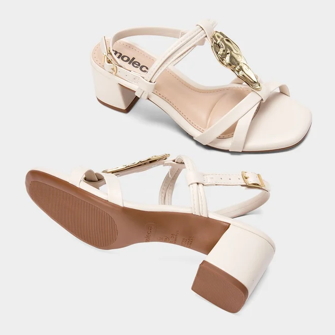 Sandália Feminina Moleca Detalhe Metalizado Salto Bloco Médio Off White