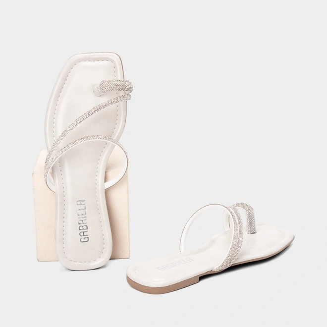 Rasteira Feminina Gabriela TIras Strass Off White