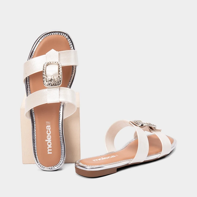 Rasteira Feminina Moleca Enfeite Fivela Strass Holográfico Off White