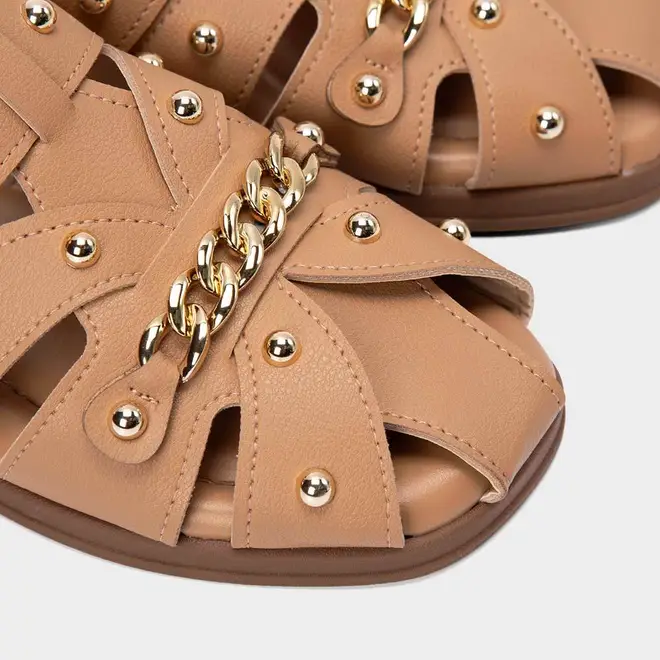 Mule Feminino Modare Ultraconforto Multitiras Detalhe Corrente & Tachas Bege