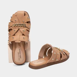 Mule Feminino Modare Ultraconforto Multitiras Detalhe Corrente & Tachas Bege