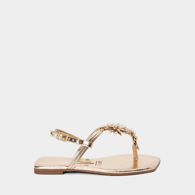 Sandáia Rasteira Feminina Vizzano Detalhe Flor & Pedraria Ouro