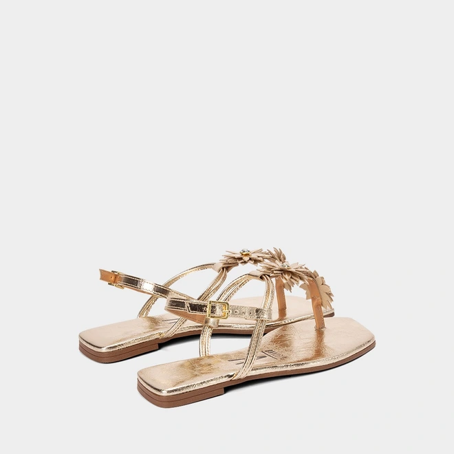 Sandáia Rasteira Feminina Vizzano Detalhe Flor & Pedraria Ouro
