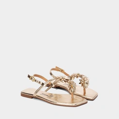 Sandáia Rasteira Feminina Vizzano Detalhe Flor & Pedraria Ouro