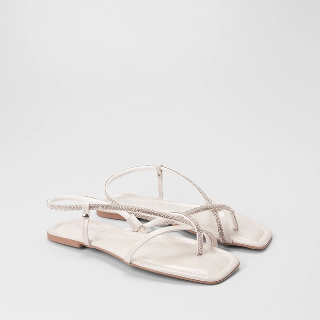 Sandália Rasteira Feminina Gabriela Tiras Strass Off White