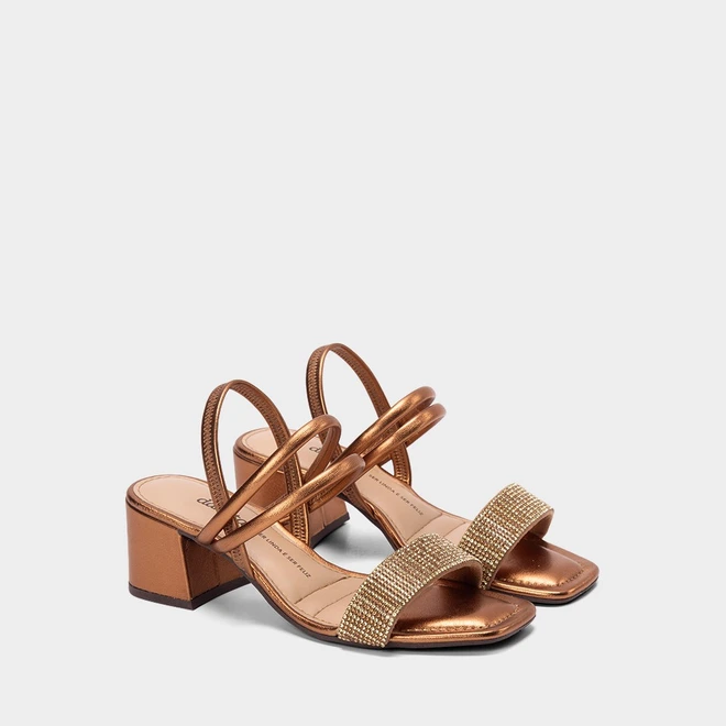 Sandália Feminina Dakota Salto Bloco Médio Strass Metalizado Bronze