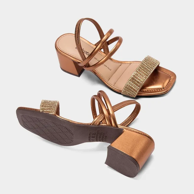 Sandália Feminina Dakota Salto Bloco Médio Strass Metalizado Bronze
