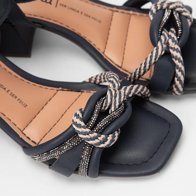 Sandália Feminina Dakota Salto Bloco Médio Strass & Corda Marinho