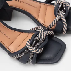 Sandália Feminina Dakota Salto Bloco Médio Strass & Corda Marinho