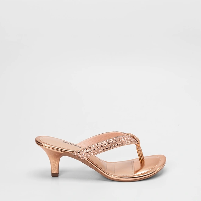 Tamanco Feminino Dakota Salto Médio Tiras Strass Metalizado Rose Gold