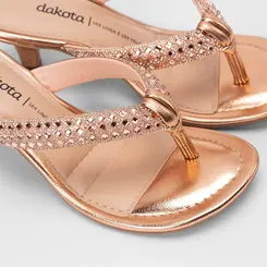 Tamanco Feminino Dakota Salto Médio Tiras Strass Metalizado Rose Gold