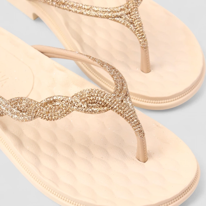 Rasteira Feminina Grendha Tiras Entrelaçadas Glitter Ouro