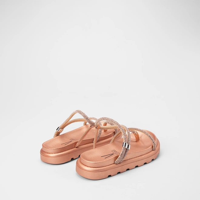 Sandália Papete Feminina Vizzano Original Tiras Strass Metalizado Rose Gold