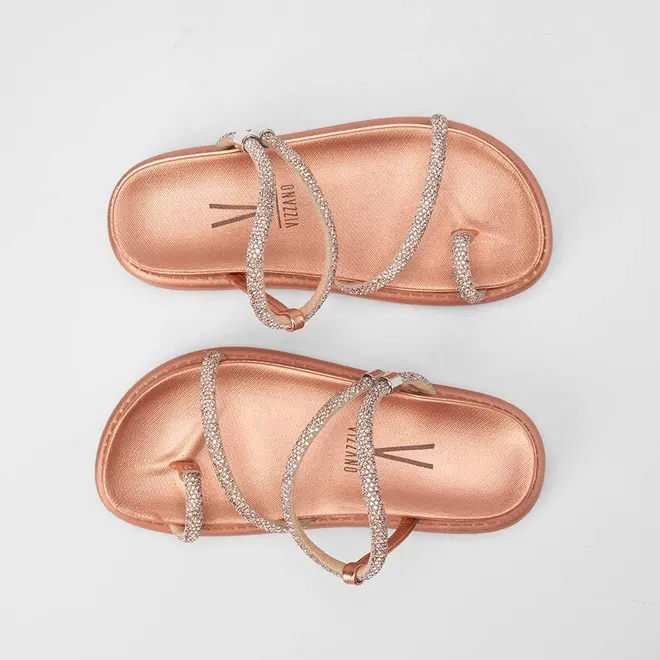 Sandália Papete Feminina Vizzano Original Tiras Strass Metalizado Rose Gold