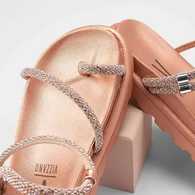 Sandália Papete Feminina Vizzano Original Tiras Strass Metalizado Rose Gold