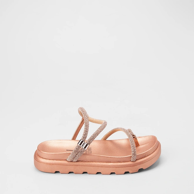 Sandália Papete Feminina Vizzano Original Tiras Strass Metalizado Rose Gold