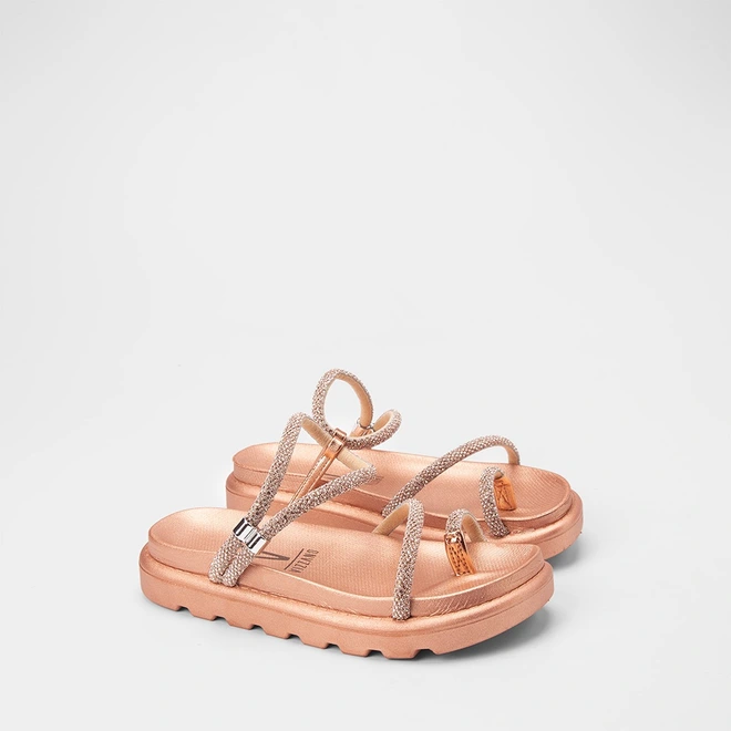Sandália Papete Feminina Vizzano Original Tiras Strass Metalizado Rose Gold