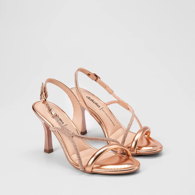 Sandália Feminina Dakota Salto Alto Tiras Em Strass Metalizado Rose Gold