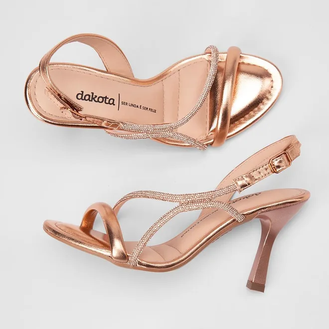 Sandália Feminina Dakota Salto Alto Tiras Em Strass Metalizado Rose Gold