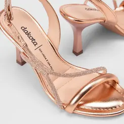 Sandália Feminina Dakota Salto Alto Tiras Em Strass Metalizado Rose Gold