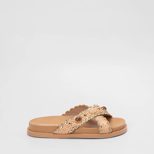 Papete Rasteira Feminina Gabriela Tiras Cruzadas Ráfia & Pedraria Nude