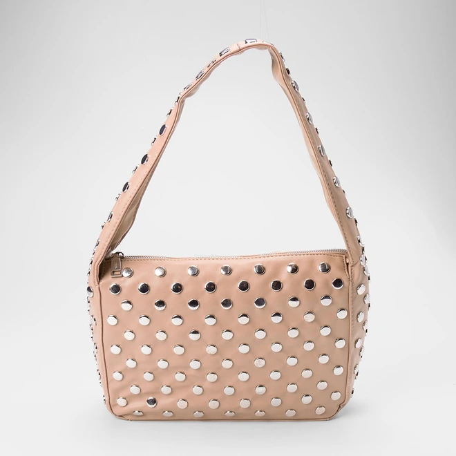 Bolsa De Ombro Gabriela Média Detalhe Tachas Bege