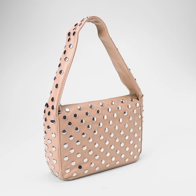 Bolsa De Ombro Gabriela Média Detalhe Tachas Bege