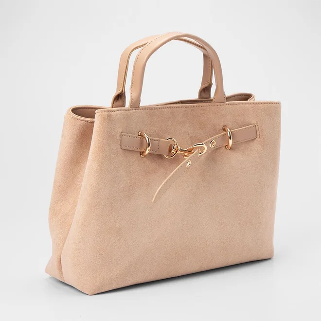 Bolsa De Mão Gabriela Média Suede Transversal Enfeite Fivela Bege