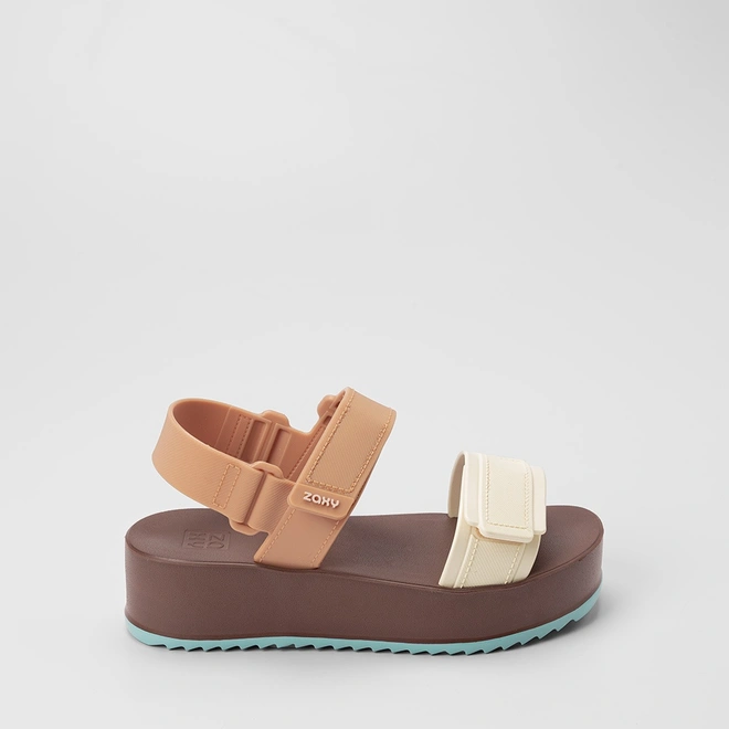 Sandália Feminina Zaxy Flatform Tiras Contato Bege
