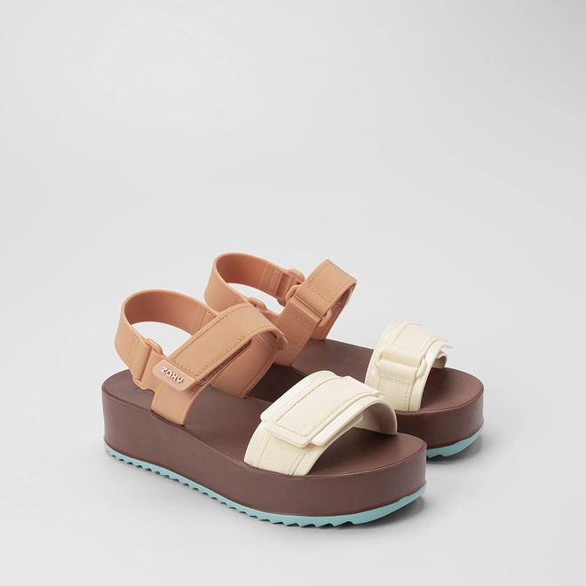 Sandália Feminina Zaxy Flatform Tiras Contato Bege